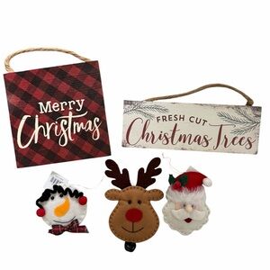 CHRISTMAS Wood Holiday Hanging Decor and Soft Ornaments Set BUNDLE 5 Pieces NEW